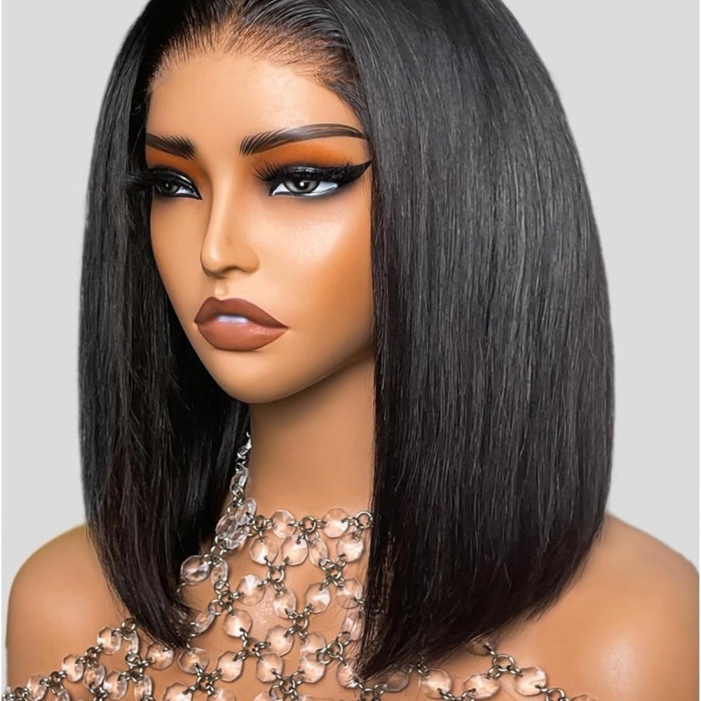 Jet Black Sleek Bob Wig with High-Shine Finish (210 density 6 by 6 12 inch